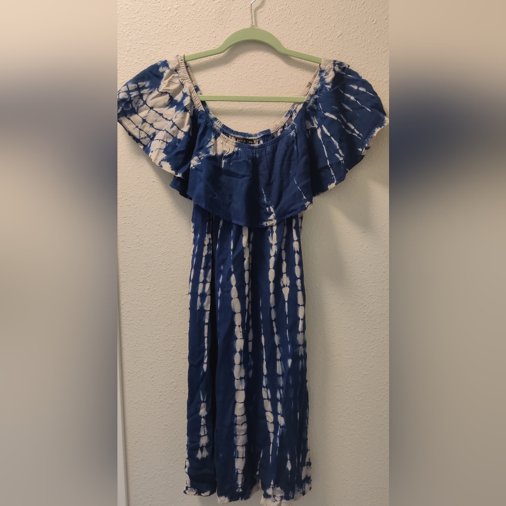 Style Envy Blue Tie-Dye Off-Shoulder Dress
